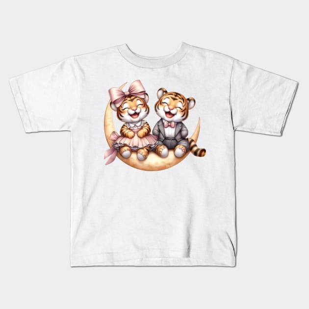 Valentine Happy Tiger Couple On Moon Kids T-Shirt by Chromatic Fusion Studio